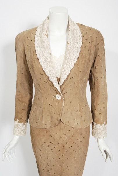 1999 Christian Dior by John Galliano Suede &amp; Lace Bias-Cut Gown w/ Jacket