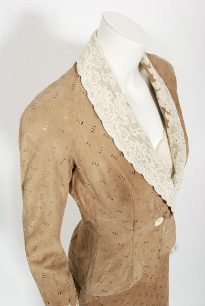 1999 Christian Dior by John Galliano Suede &amp; Lace Bias-Cut Gown w/ Jacket