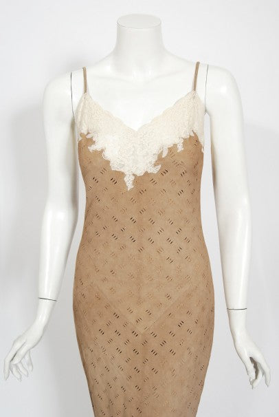 1999 Christian Dior by John Galliano Suede &amp; Lace Bias-Cut Gown w/ Jacket