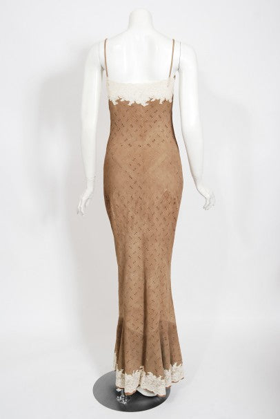 1999 Christian Dior by John Galliano Suede &amp; Lace Bias-Cut Gown w/ Jacket