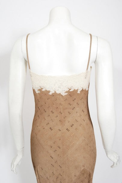 1999 Christian Dior by John Galliano Suede &amp; Lace Bias-Cut Gown w/ Jacket
