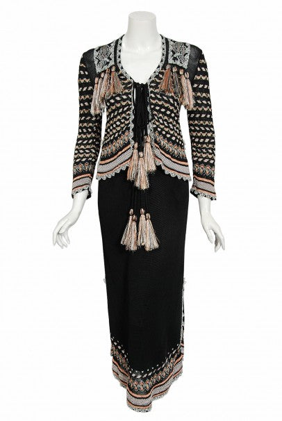 1970&#39;s Bill Gibb Metallic Knit Insect Novelty Tassel Sweater Dress Set