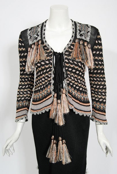 1970&#39;s Bill Gibb Metallic Knit Insect Novelty Tassel Sweater Dress Set