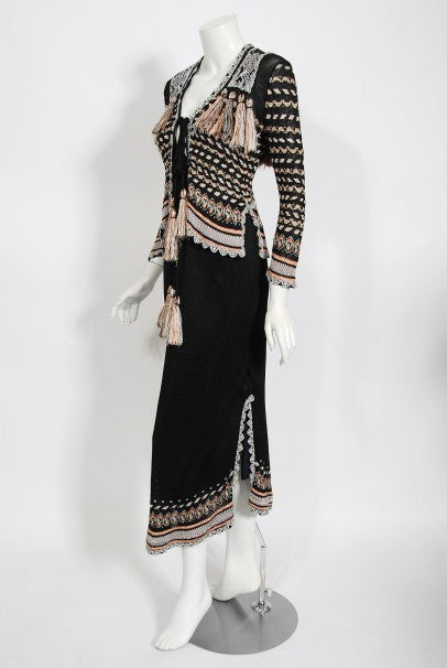 1970&#39;s Bill Gibb Metallic Knit Insect Novelty Tassel Sweater Dress Set