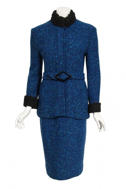 1973 Biba of London Blue Chevron Wool &amp; Faux-Fur Belted Jacket w/ Skirt