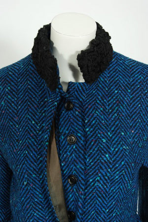 1973 Biba of London Blue Chevron Wool & Faux-Fur Belted Jacket w/ Skirt