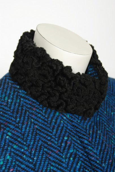 1973 Biba of London Blue Chevron Wool &amp; Faux-Fur Belted Jacket w/ Skirt