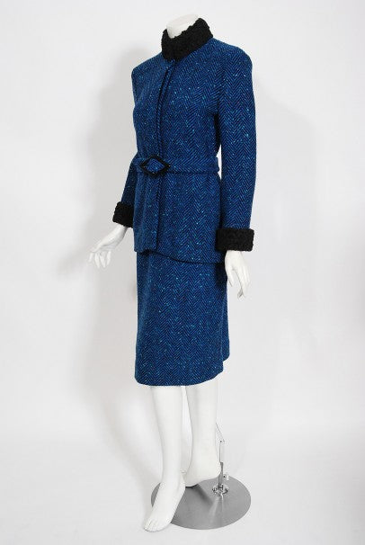 1973 Biba of London Blue Chevron Wool &amp; Faux-Fur Belted Jacket w/ Skirt