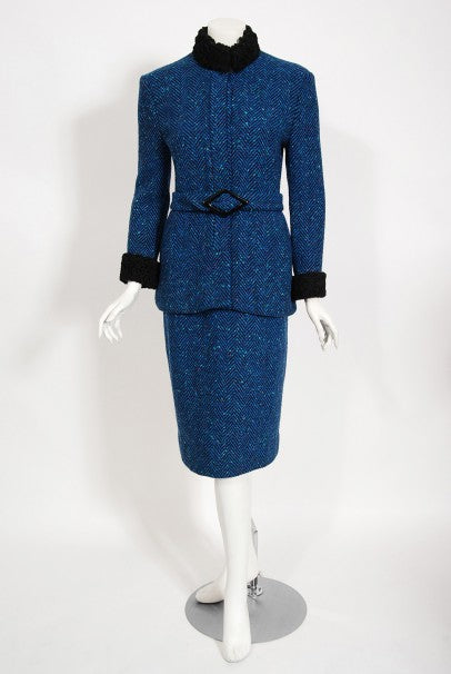 1973 Biba of London Blue Chevron Wool &amp; Faux-Fur Belted Jacket w/ Skirt