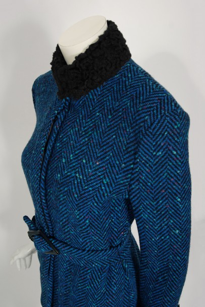 1973 Biba of London Blue Chevron Wool &amp; Faux-Fur Belted Jacket w/ Skirt