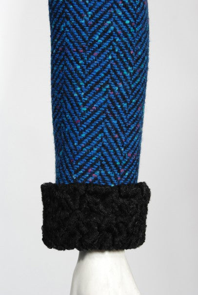 1973 Biba of London Blue Chevron Wool &amp; Faux-Fur Belted Jacket w/ Skirt