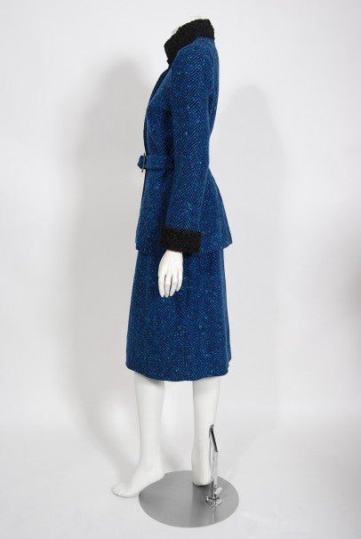 1973 Biba of London Blue Chevron Wool &amp; Faux-Fur Belted Jacket w/ Skirt