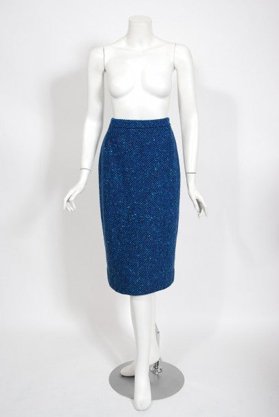 1973 Biba of London Blue Chevron Wool &amp; Faux-Fur Belted Jacket w/ Skirt