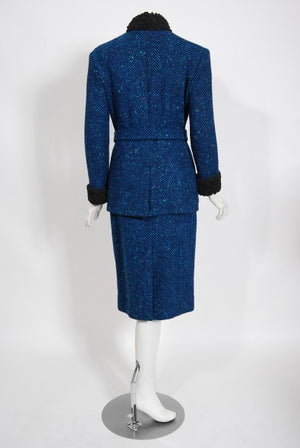 1973 Biba of London Blue Chevron Wool & Faux-Fur Belted Jacket w/ Skirt