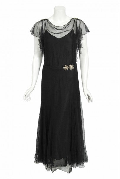 1930s French Couture Beaded Rhinestone Black Silk Chiffon Bias-Cut Dress