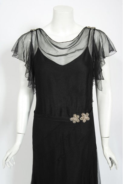 1930s French Couture Beaded Rhinestone Black Silk Chiffon Bias-Cut Dress
