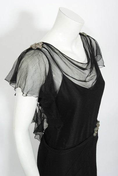 1930s French Couture Beaded Rhinestone Black Silk Chiffon Bias-Cut Dress