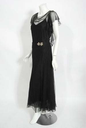 1930s French Couture Beaded Rhinestone Black Silk Chiffon Bias-Cut Dress
