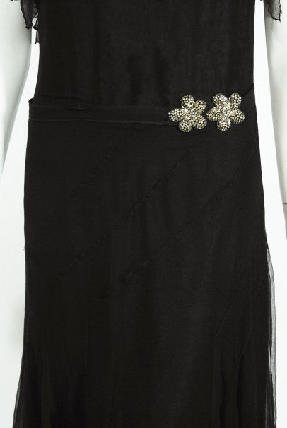 1930s French Couture Beaded Rhinestone Black Silk Chiffon Bias-Cut Dress