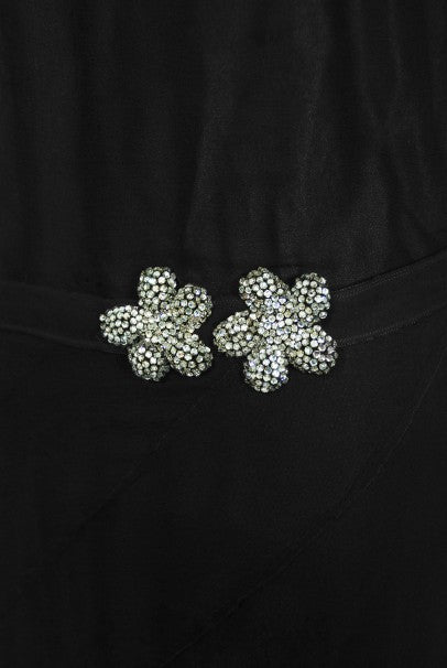 1930s French Couture Beaded Rhinestone Black Silk Chiffon Bias-Cut Dress