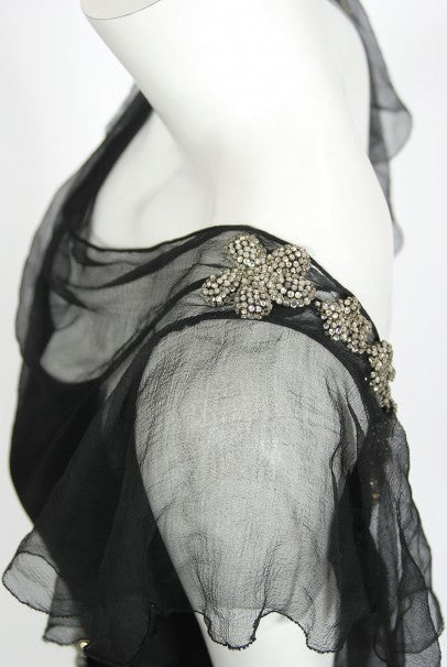 1930s French Couture Beaded Rhinestone Black Silk Chiffon Bias-Cut Dress