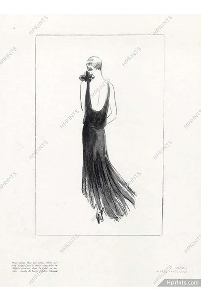 1930s French Couture Beaded Rhinestone Black Silk Chiffon Bias-Cut Dress