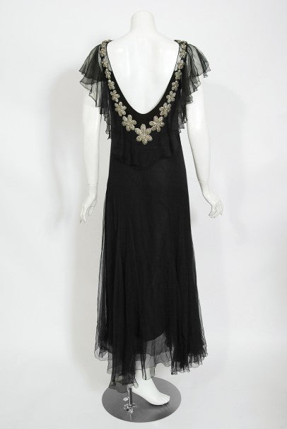 1930s French Couture Beaded Rhinestone Black Silk Chiffon Bias-Cut Dress