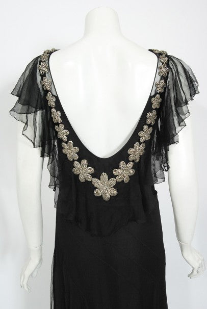 1930s French Couture Beaded Rhinestone Black Silk Chiffon Bias-Cut Dress