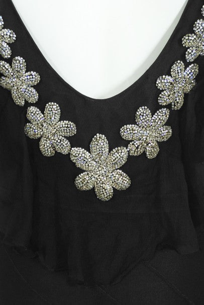 1930s French Couture Beaded Rhinestone Black Silk Chiffon Bias-Cut Dress