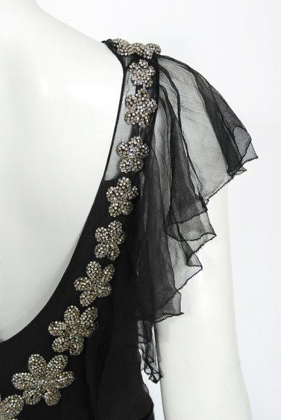 1930s French Couture Beaded Rhinestone Black Silk Chiffon Bias-Cut Dress