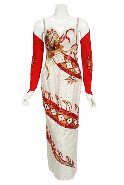 1950's Documented Beaded Dragon Motif Hourglass Burlesque Gown Gloves Cape  Ensemble