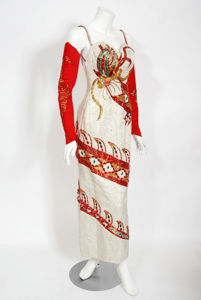 1950&#39;s Documented Beaded Dragon Motif Hourglass Burlesque Gown Gloves Cape Ensemble