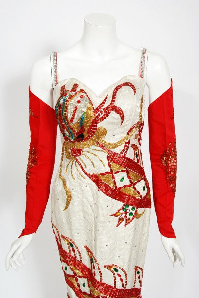 1950&#39;s Documented Beaded Dragon Motif Hourglass Burlesque Gown Gloves Cape Ensemble