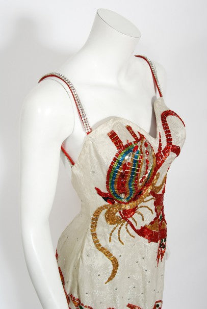1950&#39;s Documented Beaded Dragon Motif Hourglass Burlesque Gown Gloves Cape Ensemble
