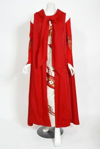 1950&#39;s Documented Beaded Dragon Motif Hourglass Burlesque Gown Gloves Cape Ensemble