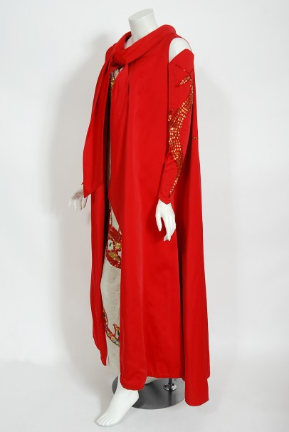 1950&#39;s Documented Beaded Dragon Motif Hourglass Burlesque Gown Gloves Cape Ensemble