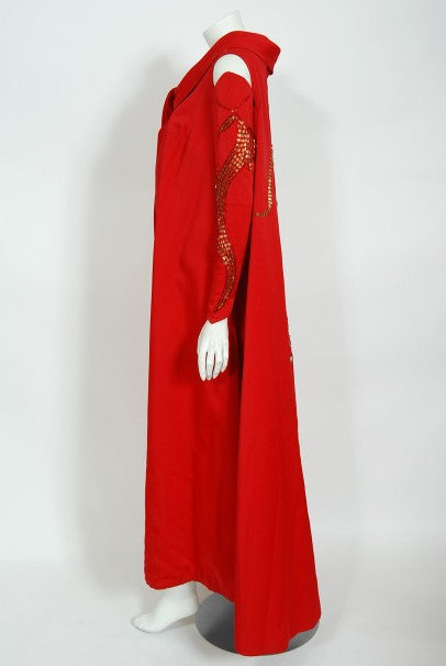 1950&#39;s Documented Beaded Dragon Motif Hourglass Burlesque Gown Gloves Cape Ensemble