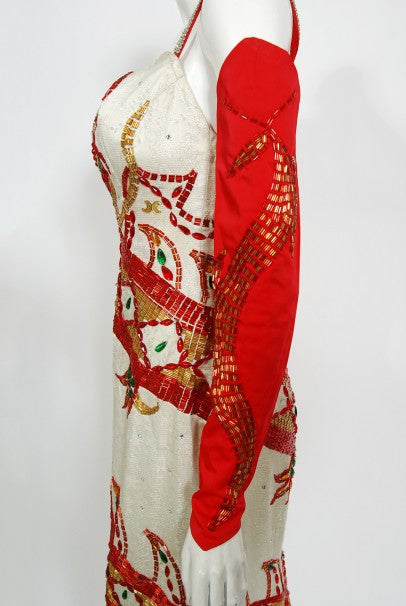 1950&#39;s Documented Beaded Dragon Motif Hourglass Burlesque Gown Gloves Cape Ensemble