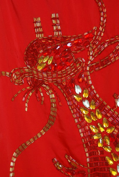 1950&#39;s Documented Beaded Dragon Motif Hourglass Burlesque Gown Gloves Cape Ensemble