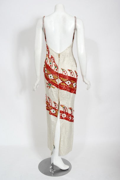 1950&#39;s Documented Beaded Dragon Motif Hourglass Burlesque Gown Gloves Cape Ensemble