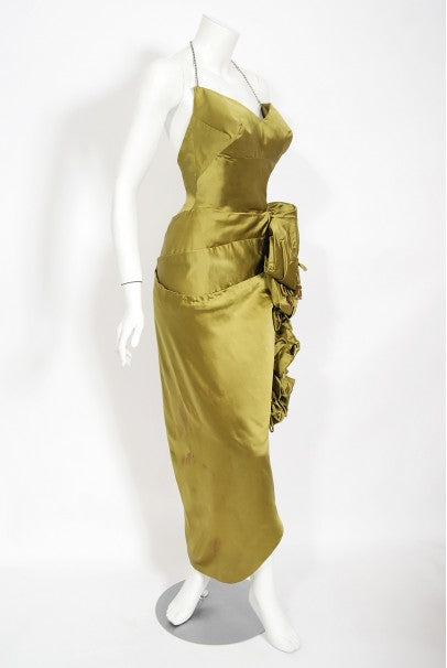 1940s Chartreuse Silk Halter Asymmetric Ruched Hourglass High-Slit Dre - Timeless Vixen 1940s Chartreuse Silk Halter Asymmetric Ruched Hourglass High-Slit Dre - Timeless Vixen