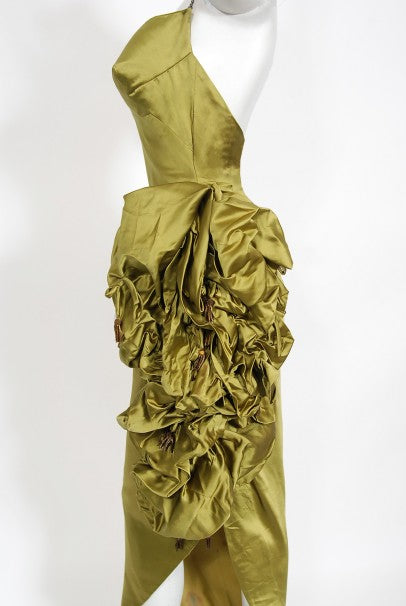 1940s Chartreuse Silk Halter Asymmetric Ruched Hourglass High-Slit Dress 1940s Chartreuse Silk Halter Asymmetric Ruched Hourglass High-Slit Dress
