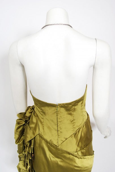 1940s Chartreuse Silk Halter Asymmetric Ruched Hourglass High-Slit Dress