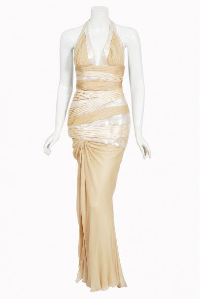 2006 Versace Champagne Sequin Silk Hourglass Runway Finale Gown