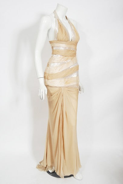 2006 Versace Champagne Sequin Silk Hourglass Runway Finale Gown