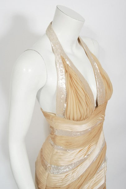 2006 Versace Champagne Sequin Silk Hourglass Runway Finale Gown