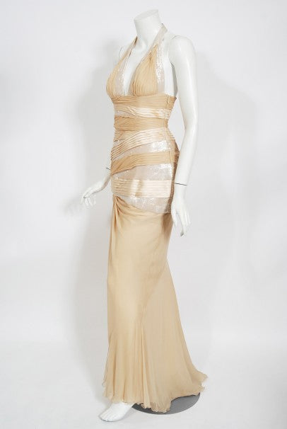2006 Versace Champagne Sequin Silk Hourglass Runway Finale Gown