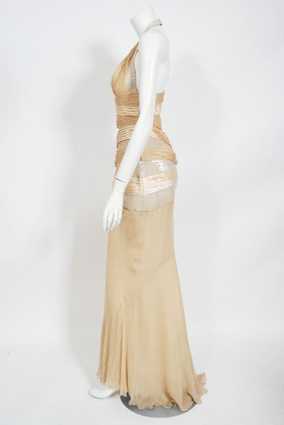 2006 Versace Champagne Sequin Silk Hourglass Runway Finale Gown