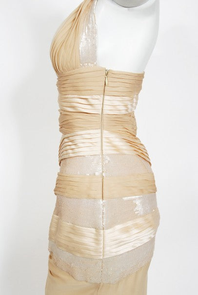 2006 Versace Champagne Sequin Silk Hourglass Runway Finale Gown