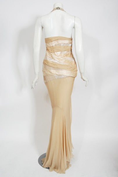 2006 Versace Champagne Sequin Silk Hourglass Runway Finale Gown